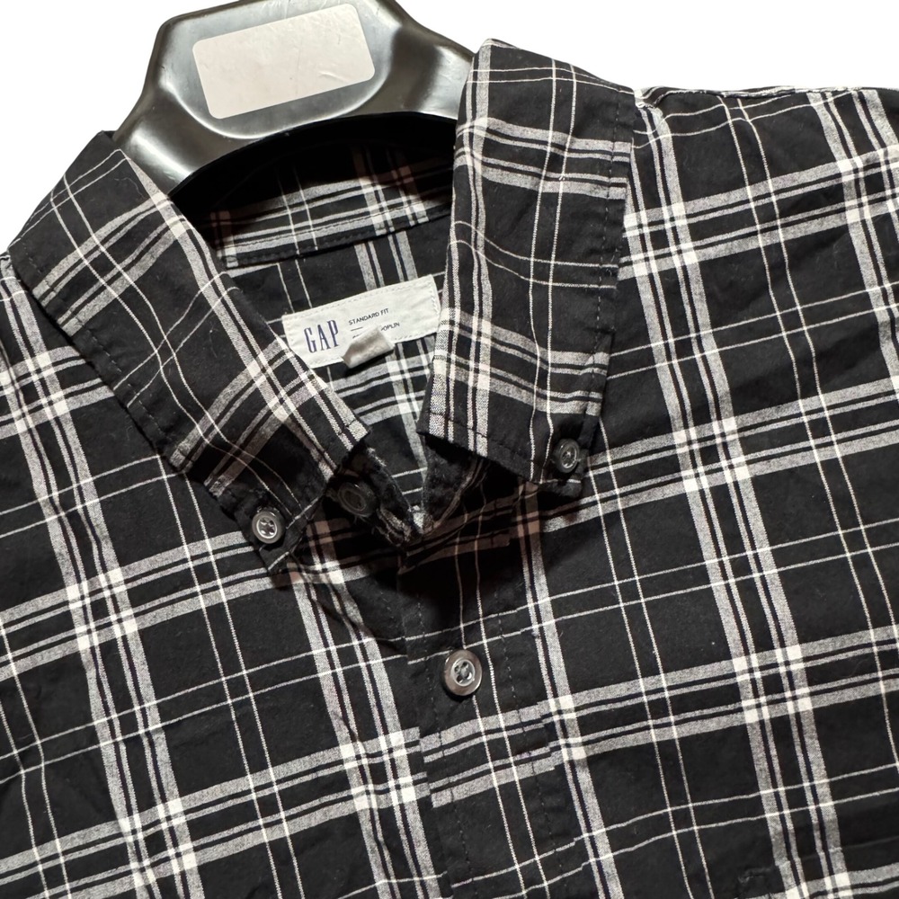Gap Shirt‎ Large Mens Poplin Black White Plaid Stretch Button Down Long Sleeve